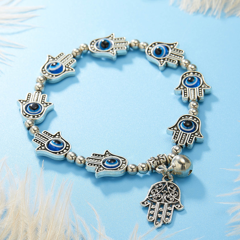 Antique Silver Plated Fatima Hand Blue Evil Eye Charm Stretch Bracelets with Small Bell