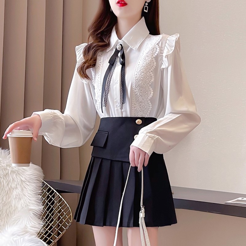 Girl Student 2 Piece Set Korea Sweet Bow Ruffles Long Sleeve Chiffon Shirts + High Waist Pleated Short Skirts Fashion Outfits 210519