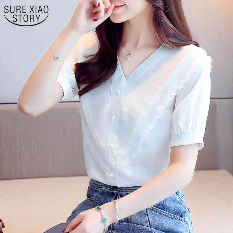 Vintage Lace Shirt Solid Loose Slim V-neck Top Female Short Sleeve Chiffon Blouse Ropa De Mujer Summer Woman's 9855 210506
