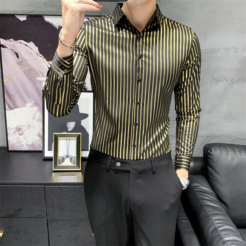 Fashion 2021 Autumn Long Sleeve Men Striped Shirts Korean Slim Fit Casual Blouse Homme Formal Wear Gentlemen Tuxedo Dress Men's