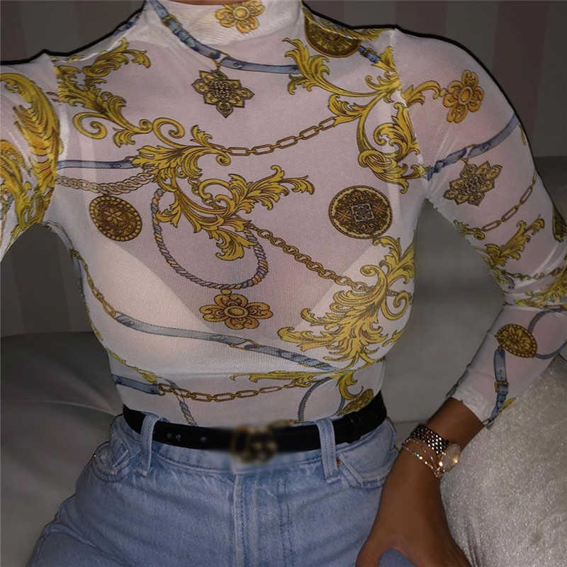 Women Mesh Sheer See Through Print Shirt Blouses Outwear Turtleneck Long Sleeve Tops Transparent Slim Bodycon Club Blouse 210607