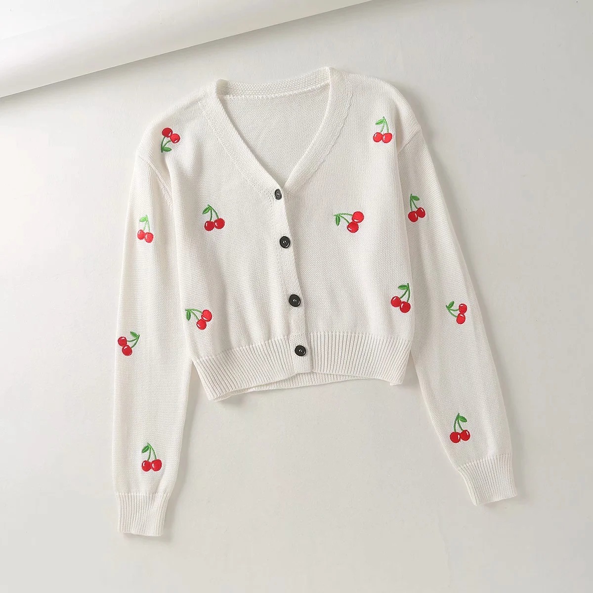 Cardigan Women's coat Winter Autumn Knitted Sweater V-neck Loose Cherry Embroidered knitted cardigan Jacket 210508