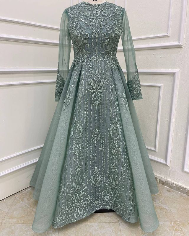 Plus Size Arabic Aso Ebi Muslim Lace Beaded Prom Dresses A-line Long Sleeves Vintage Evening Formal Party Second Reception Gowns Dress ZJ044