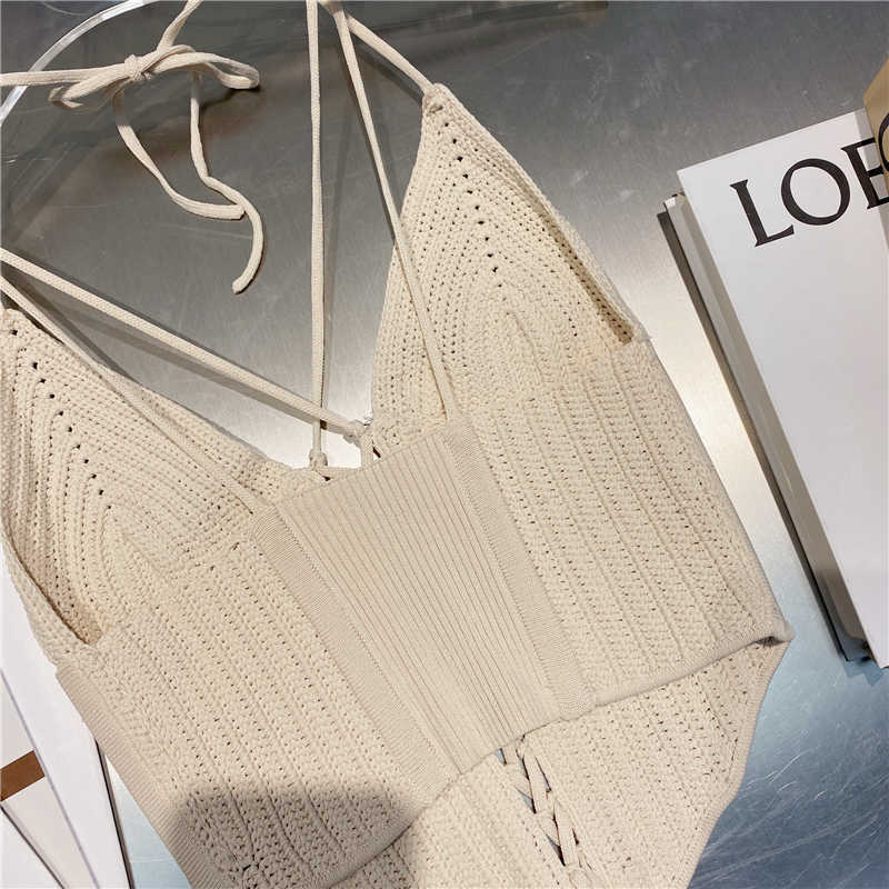 DEAT Women Knitted Bandage V-neck Halter Camis Arrivals Backless Sexy Temperament Fashion Spring Summer 11D958 210709