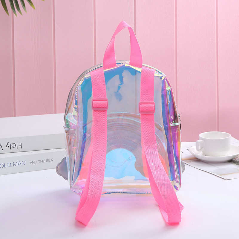 Cartoon Rainbow Unicorn PVC Transparent Backpack For Children Plush kindergarten Small SchoolBag Girls School Bags Mini Backpack 210901