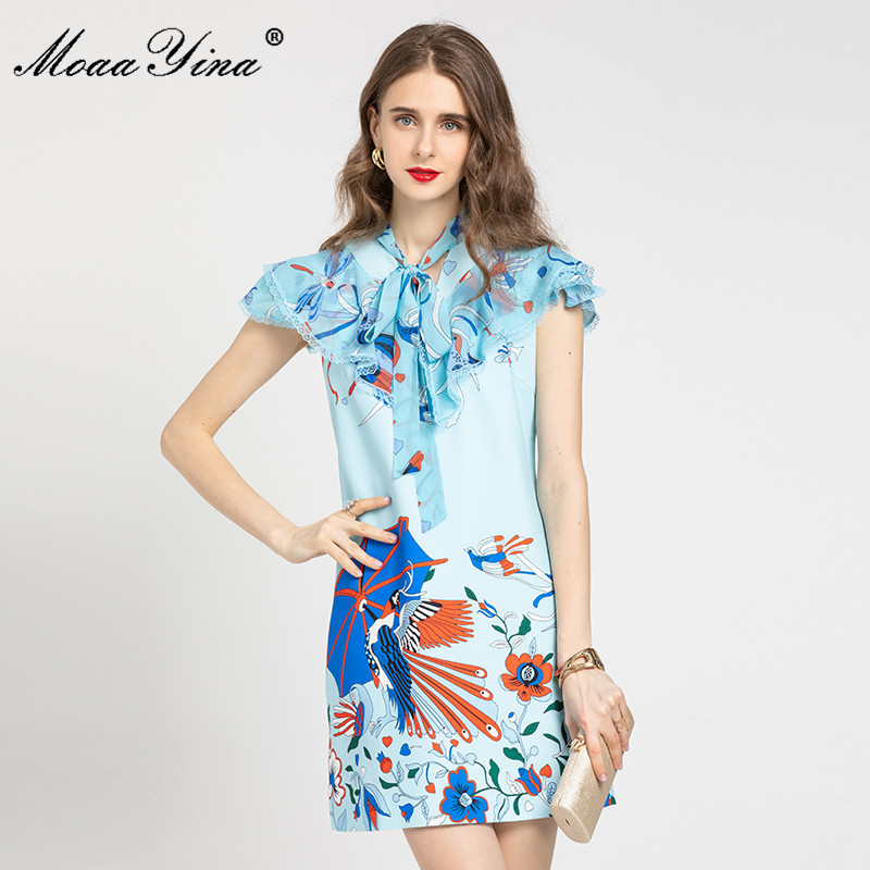 Summer Elegant Blue Floral Short Dress Women's Butterfly Sleeve Ruffle Animal print Party Vintage Mini Dresses 210524