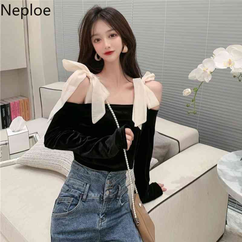 Neploe Sexy Shirt Slash Neck Off Shoulder Velvet Blouse Women Vintage Bow Lace Up Slim Blusas Fashion Long Sleeve Fashion Top 210422