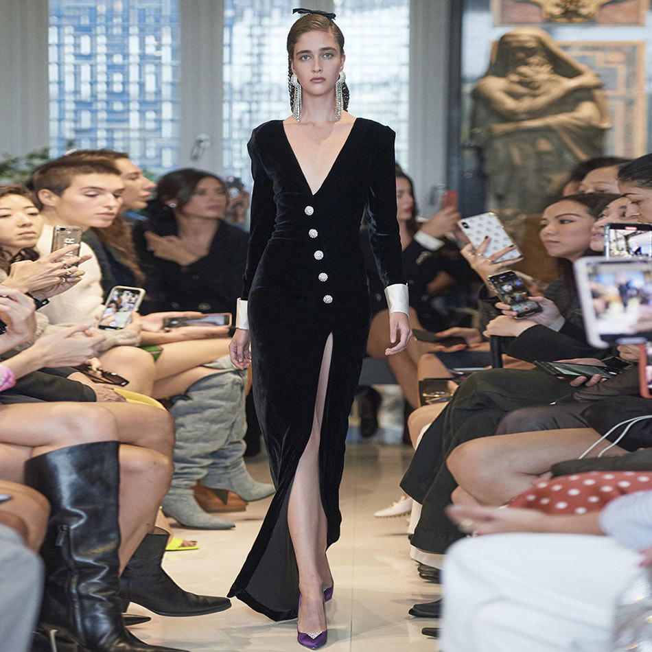 Free Women's Runway Long Dress Black Velvet V-neck Sleeve Bodycon Split Club Evening Party es 210524