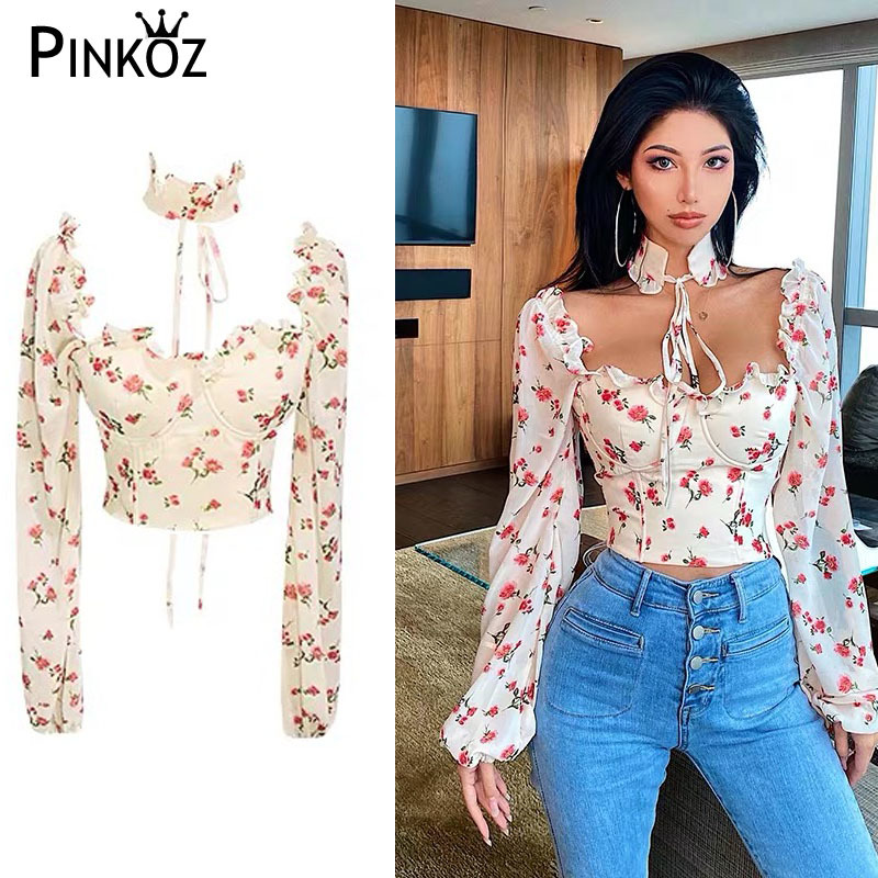 flower print sexy club floral short women tops blouse bodycon slim shirts choker ruffles lace up top blusas mujer de moda 210421