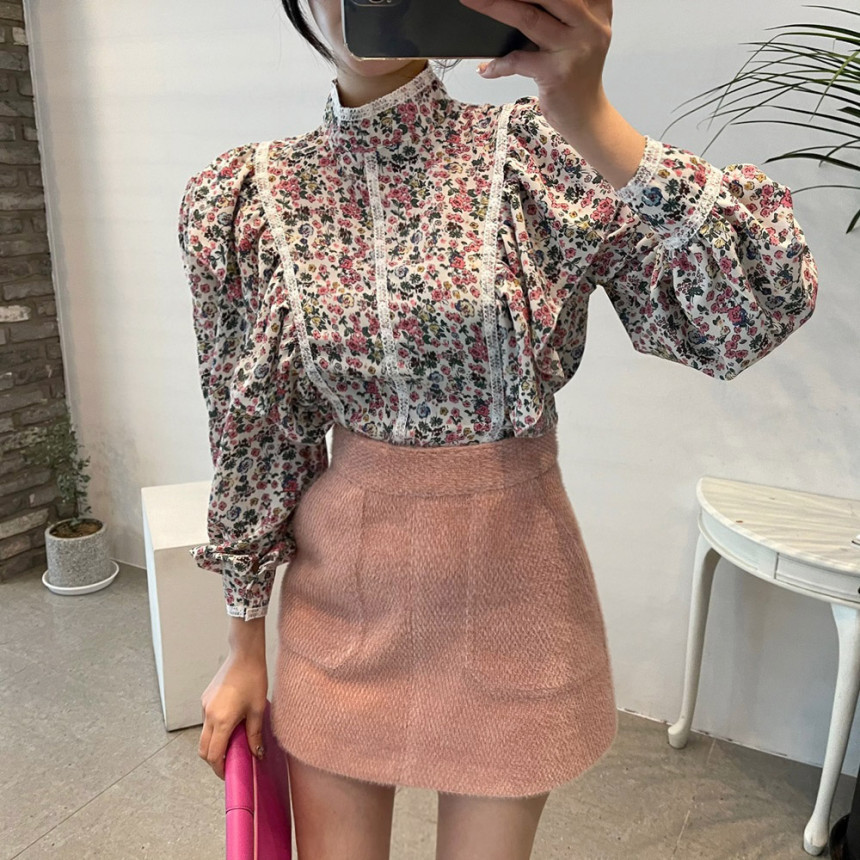 Comelsexy Vintage Floral Ruffles Puff Sleeves OL High Street Fashion Blouses Brief Printed All Match Chic Women Shirts 210515