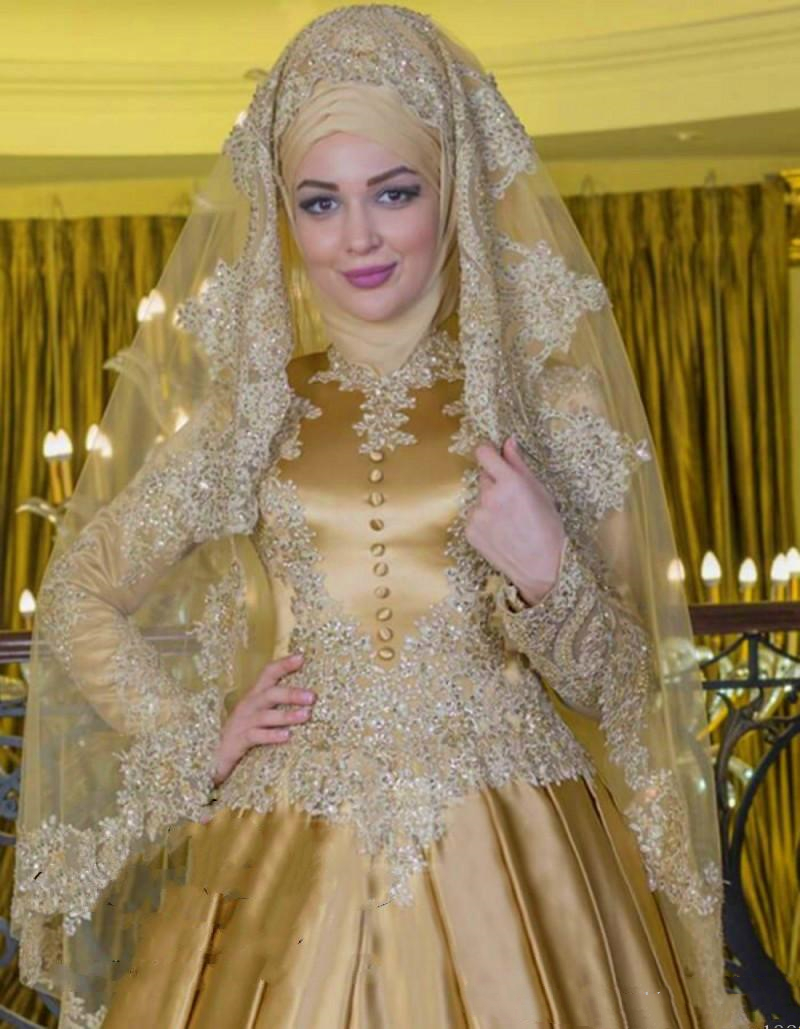 Gold Stin Muslim A e Hijb Wedding Dresses Bridl Gowns Buttons High Neck Long Sleeve Arbic Islmic Plus Size Bride Forml Dress Vintge Vestidos De