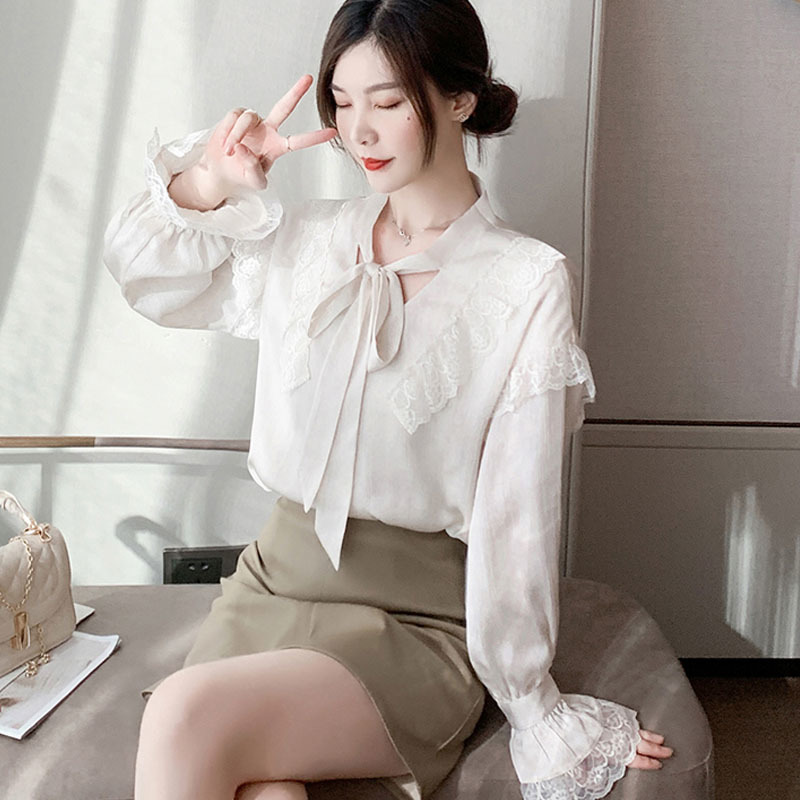 Hong Kong Style Retro Chiffon Shirts Women Strappy Shirt Spring Lace Ruffled Trumpet Sleeve Top Woman's Blouses 13210 210427