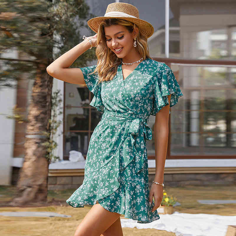 women summer dress Fashion short sleeve v-neck A-line ruffles dresses with belt Slim green color female mini 210524