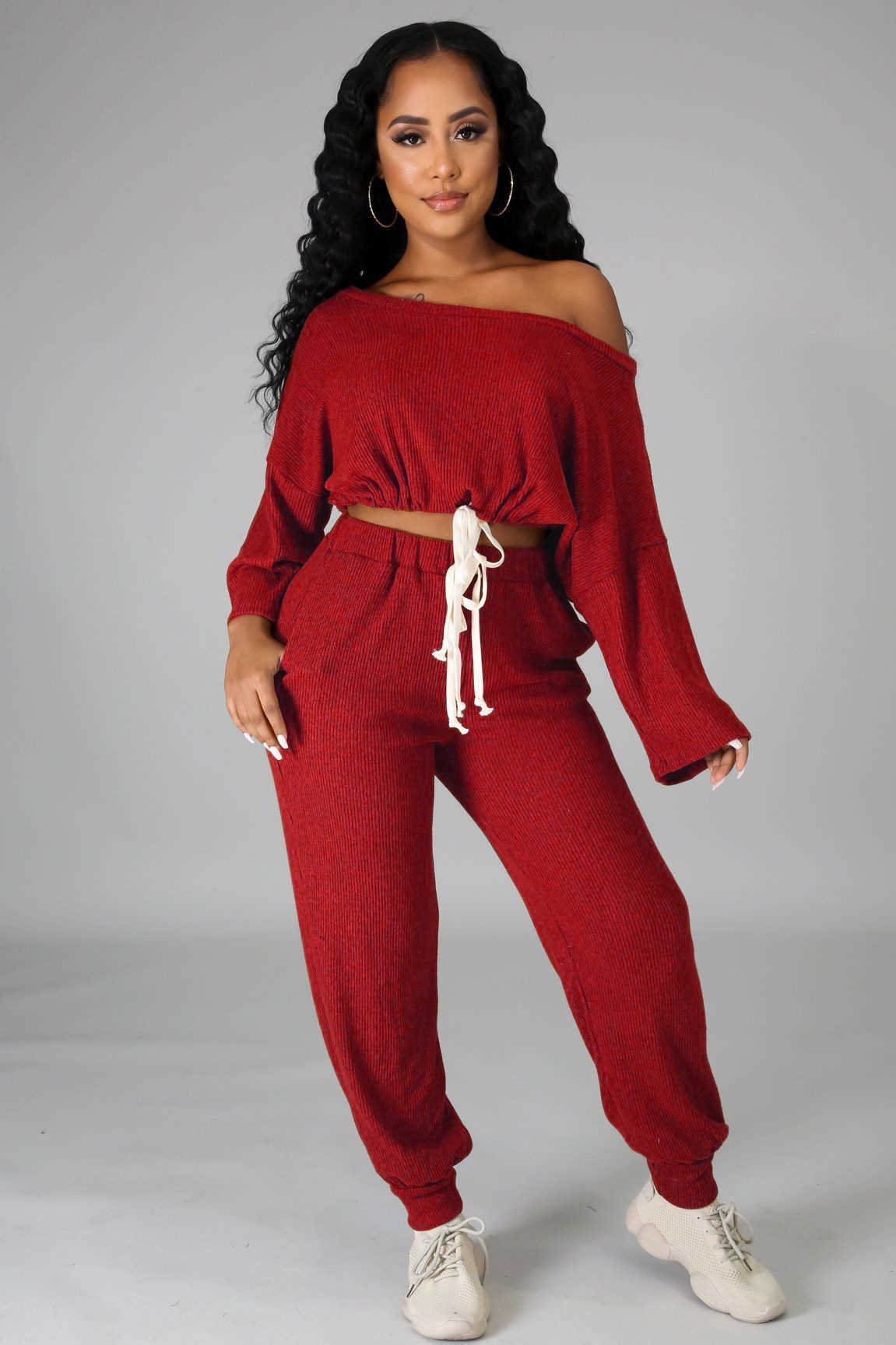 Designers Women Clothes 2023 solid rib off shoulder strap loose casual pants two piece set