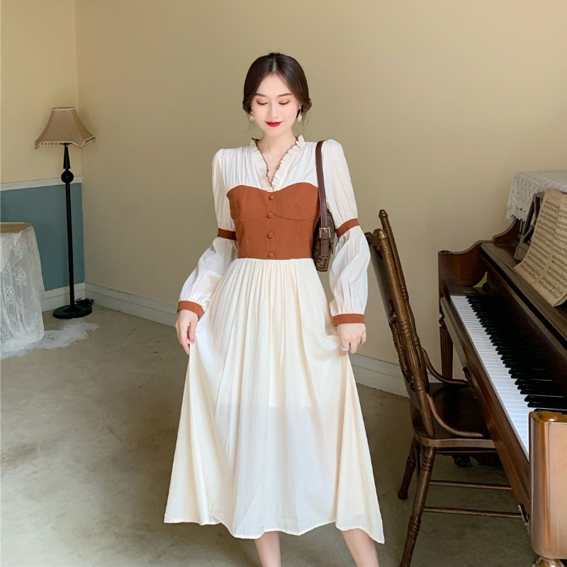 Frenc Vintage Dress Women Long Sleeve V-neck Chiffon Dress Korean Evening Party Fairy Elegant Dress Female Autumn 210521