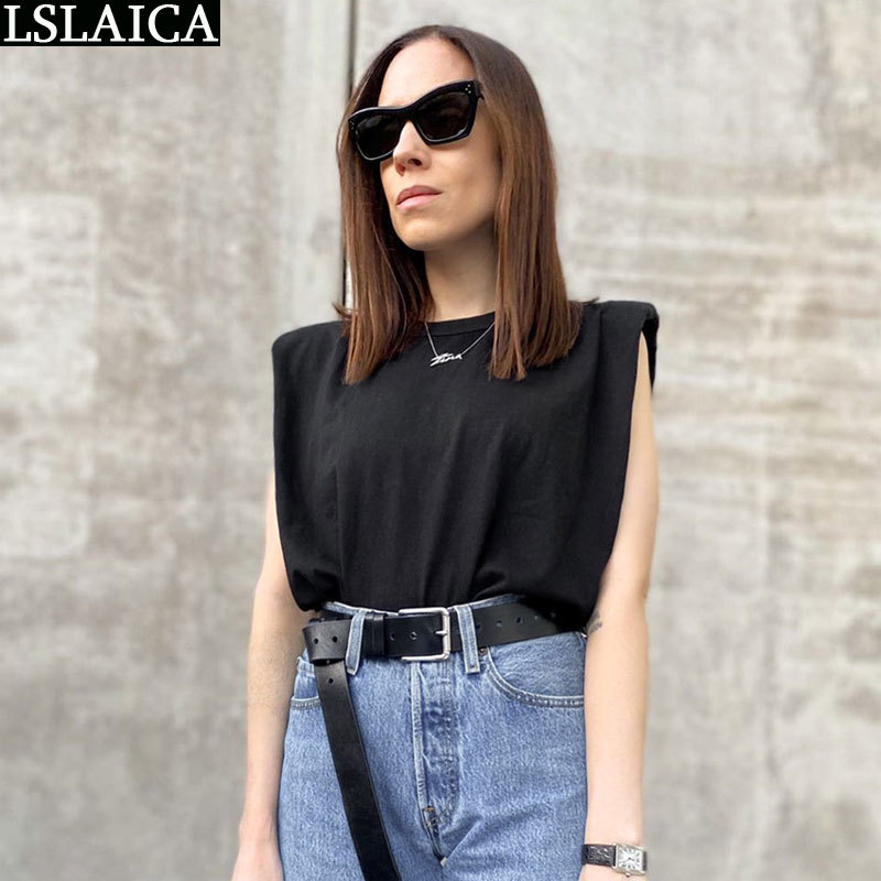 Solid color women shirts round neck fashion streetwear elegant office wild Shoulder pad Comfortable t shirt 210520