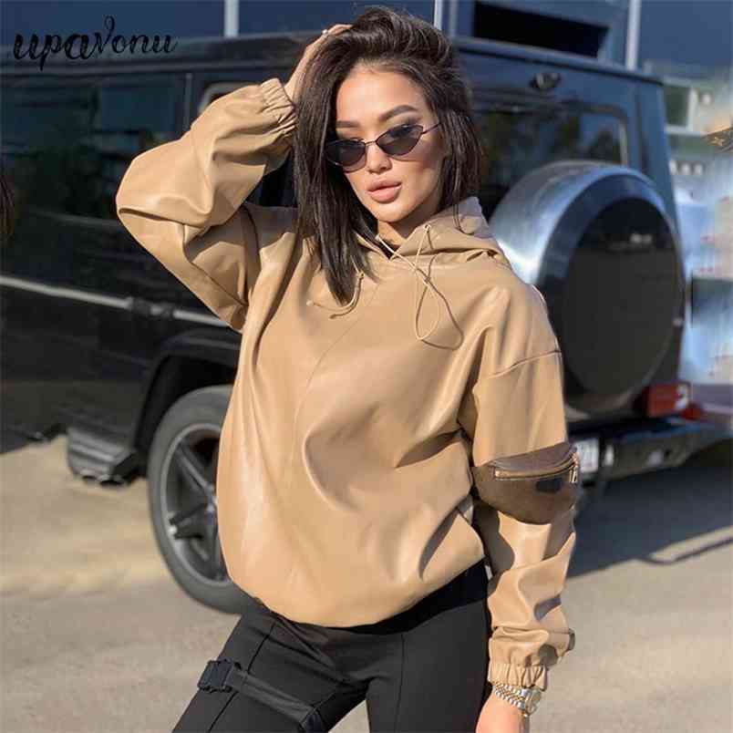 Free Pure Color PU Leather Hooded Sweater Women Fashion Long Sleeve All-match Loose Top Ladies Clothing 210524