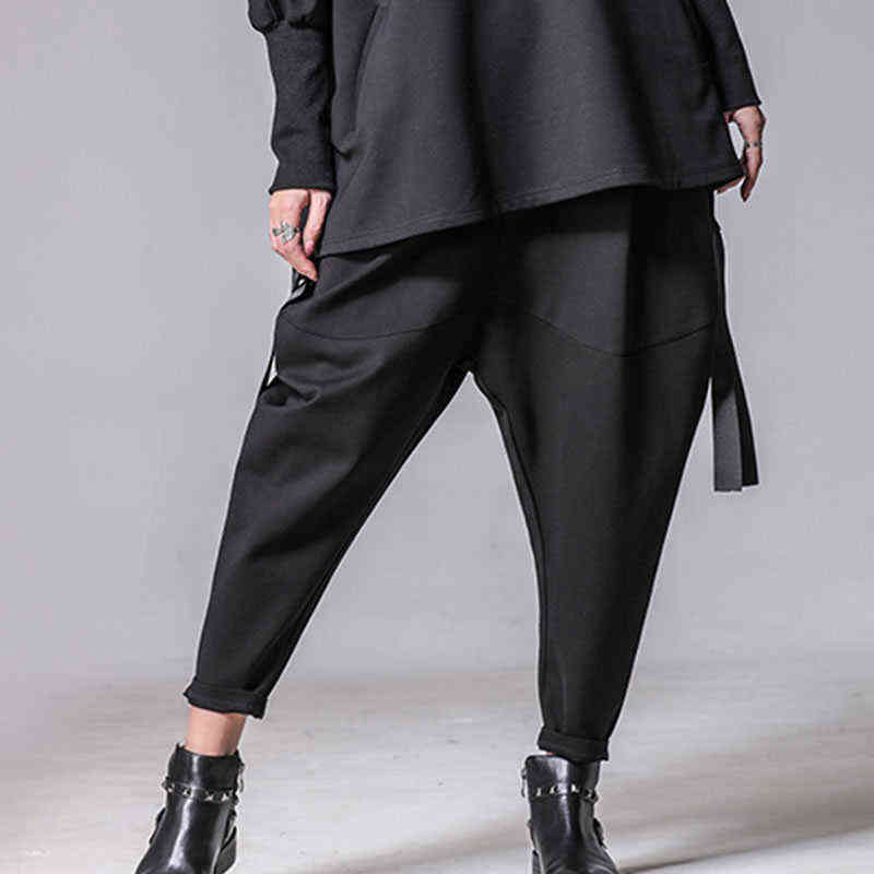 XITAO Plus Size Women Autumn Winter Pants Personality Elastic Waist Black Harem Casual Spliced Trousers XWW3091 211115