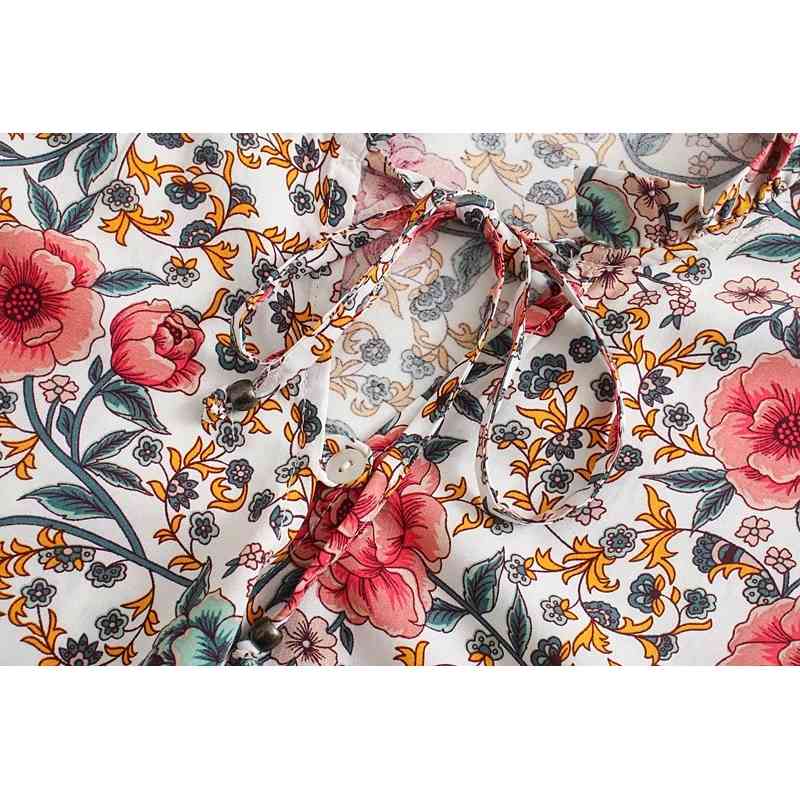 3 colors Bohemian Floral Print Pullover Shirt Ethnic Women Bow Lace Up Wood ears Collar Long Sleeve Blouse Tops 210429