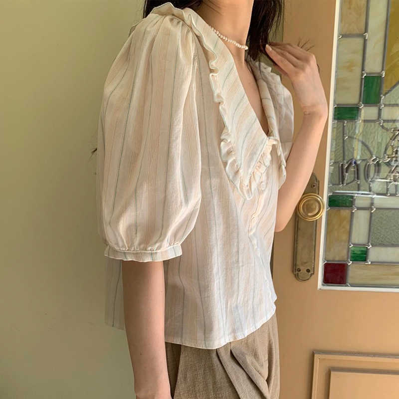 Korejpaa Women Shirt Korea Summer Gentle Elegant Doll Collar Striped Single-breasted Loose Joker Bubble Sleeve Blouse Top 210526