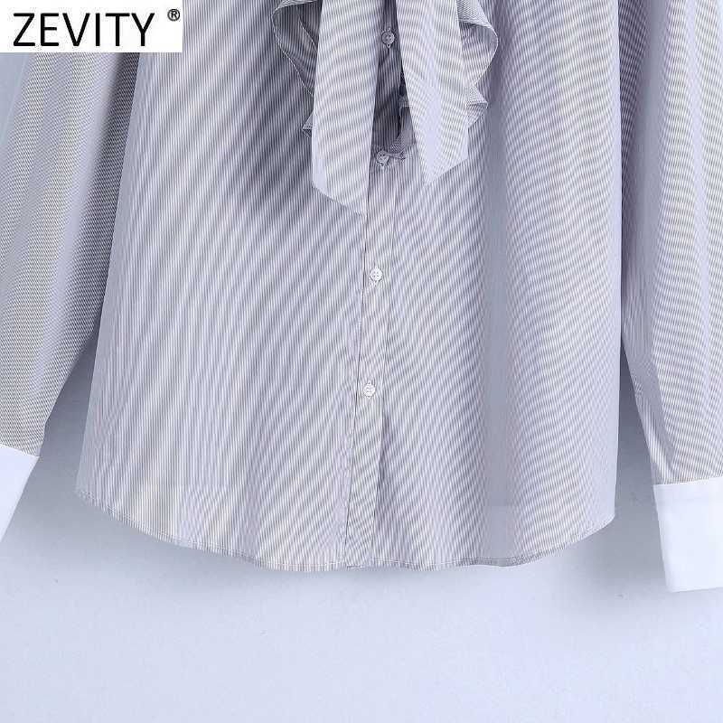 Zevity Women Sweet Bow Tied Ruffles Deocraion Stripe Shirts Office Ladies Patchwork Casual Roupas Chic Femininas Tops LS7389 210603