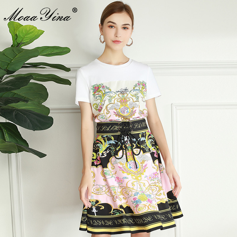 Fashion Runway Summer Casual Print Skirt Suit Women's Short Sleeve White Top+High waist Mini 2 Piece 210524