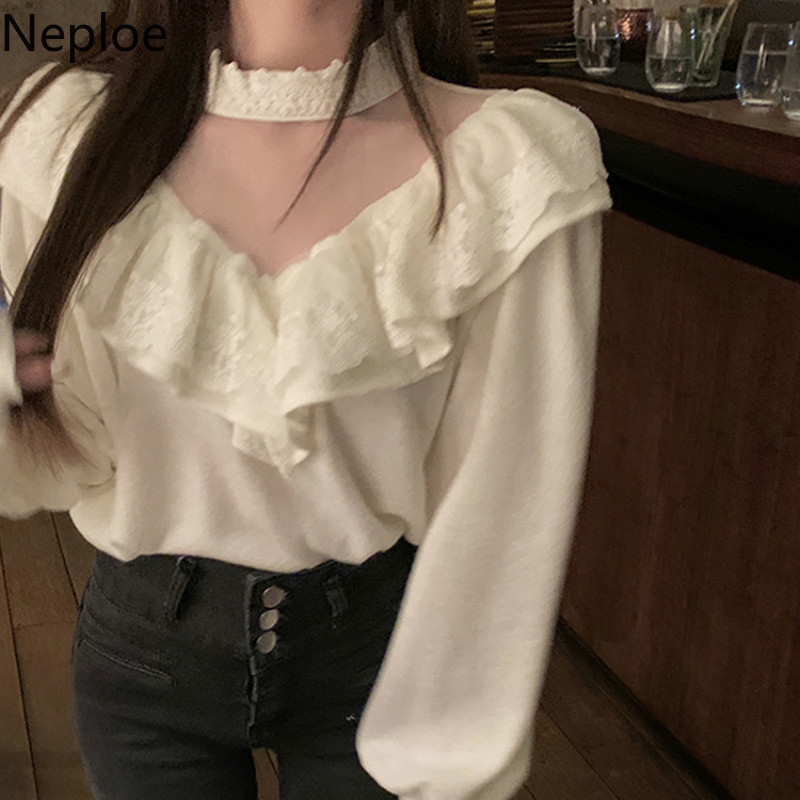 Neploe Sweet Ruffles Sweaters Women Sexy V-neck Lantern Sleeve Knitted Pullovers Korean Fashion Jumper Tops Sueter Mujer 4G521 210422