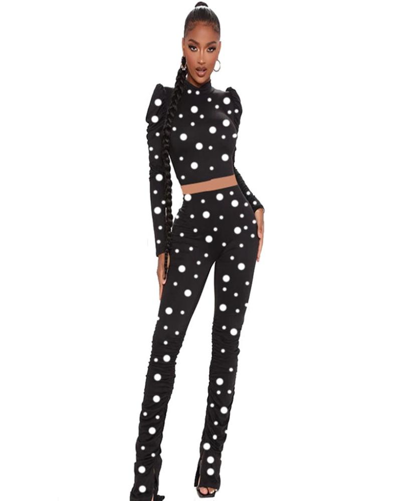 Black White Dot Printed Elegant Work Wear Women Two Piece Outfits Long Sleeve Slim-Fit Crop Top Tunic High Waisted Pants Sets Women's Tracks