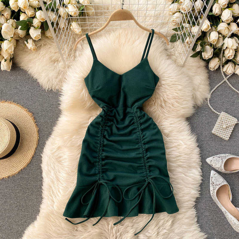Sexy V-neck Spaghetti Strap Sleeveless Mini Bodycon Dress Summer Women Slim Waist Drawstring Ruched Ruffles Party 210623