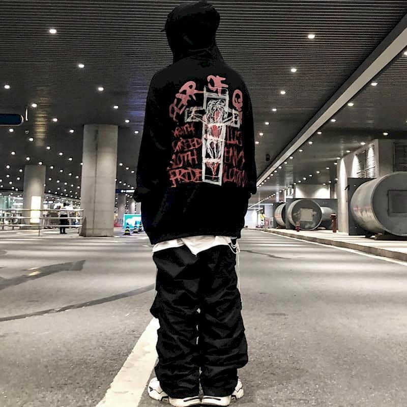 Hoodie men shirt Gothic style dark graffiti high street hooded sweatshirt male cross print niche hip-hop lazy fashion top 210526