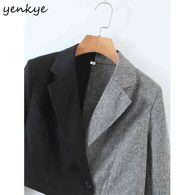 Vintage Hit Color Cropped Blazer Women Notched Neck Long Sleeve Short Jackets Fashion Suit Plus Size Tops 210430