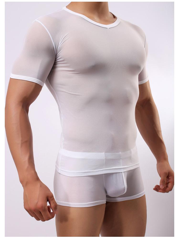 Men's T-Shirts 2021 Fashion Transparent Short Sleeve T-shirt See-through Underwear Men Mesh Sheer Top Ice Silk Comfortable Sleepwear
