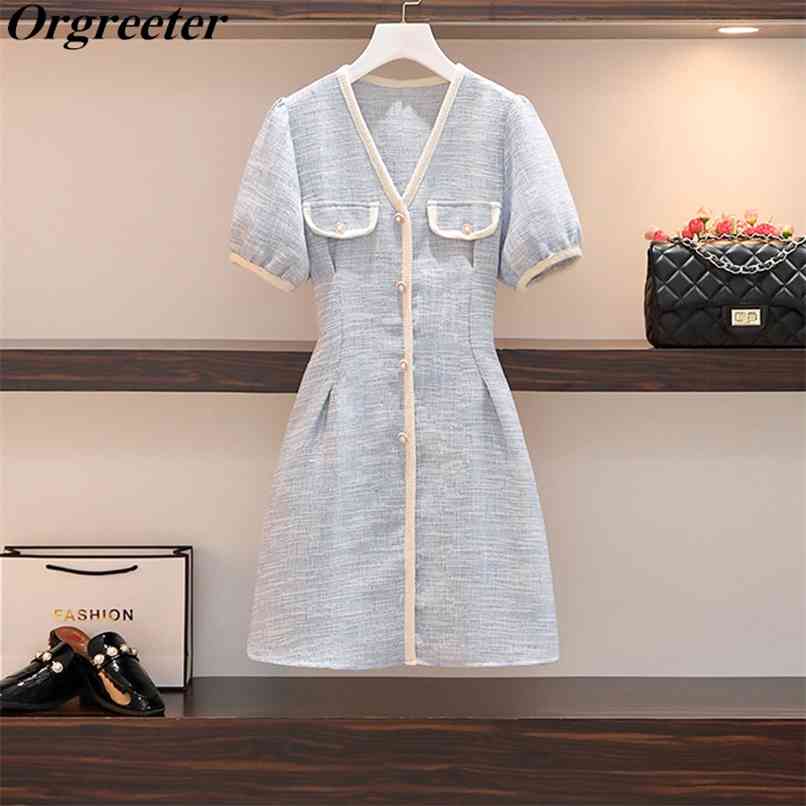 Plus size Elegant Vintage Robe Femme Dress Summer Fashon Office Ladies V-neck Short sleeve Pearl Button Tweed Dresses 210602, Short sleeve dress
Plus size Elegant Vintage Robe Femme Dress Summer Fashon Office Ladies V-neck Short sleeve Pearl Button Tweed Dresses 210602, Short sleeve dress