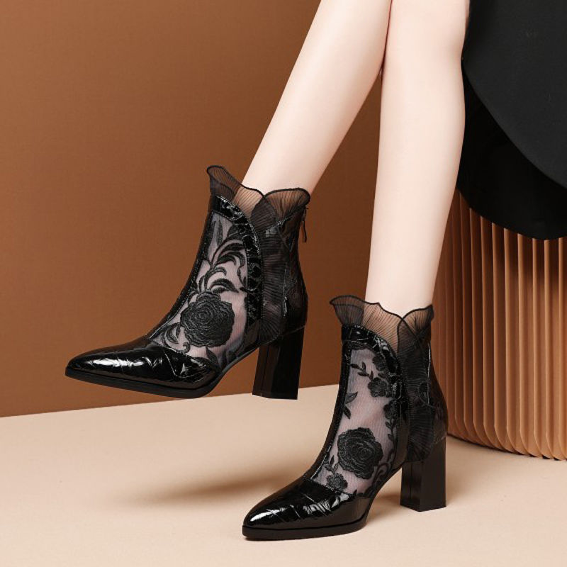 Spring and summer new women's mesh sandals hollow leather thick-heeled high-heel embroidered boots Baotou breathable pointed, White
Spring and summer new women's mesh sandals hollow leather thick-heeled high-heel embroidered boots Baotou breathable pointed, White