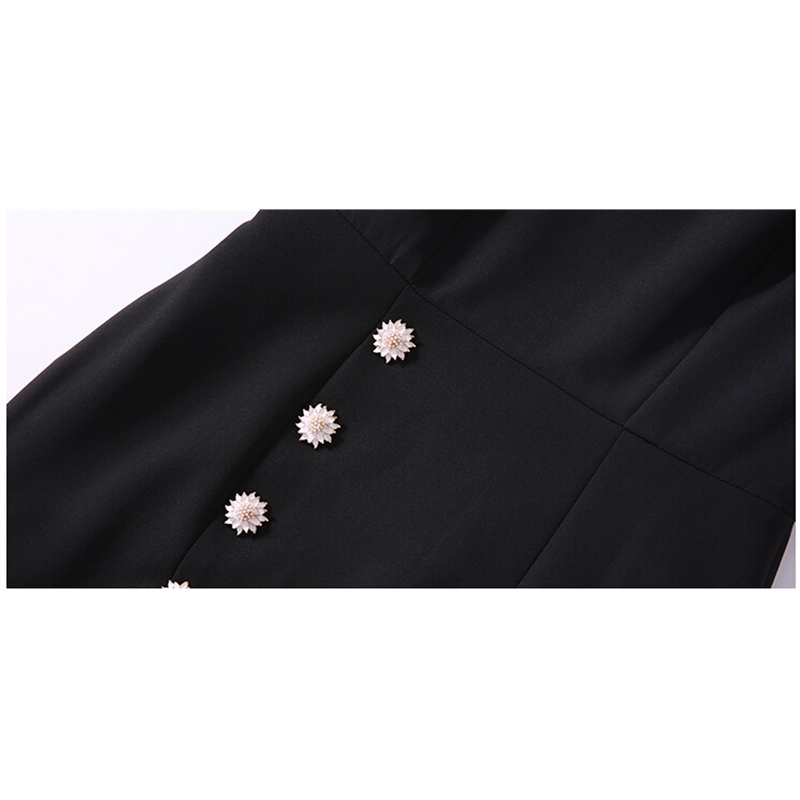 Summer Elegant Black Office Chic Dress Women Short Sleeve Pearl Diamond Single Breasted Package Hip Dresses Vestidos 210520