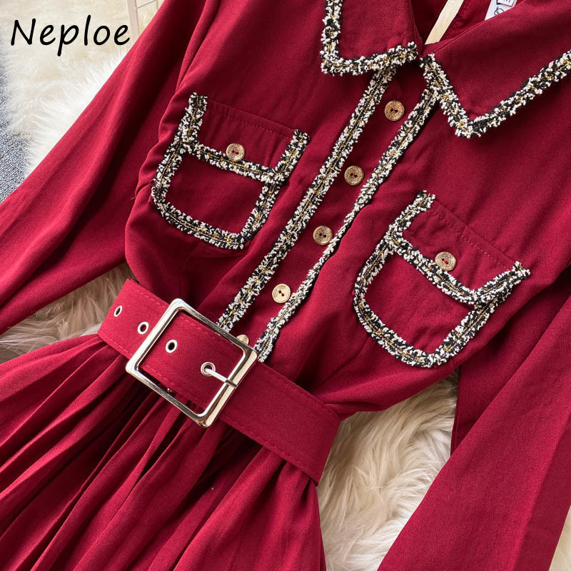 Neploe Vintage Court Style Temperament Dress Women High Waist Hip Sashes Vestidos Turn Down Collar Long Sleeve Robe Red Dresses 210422