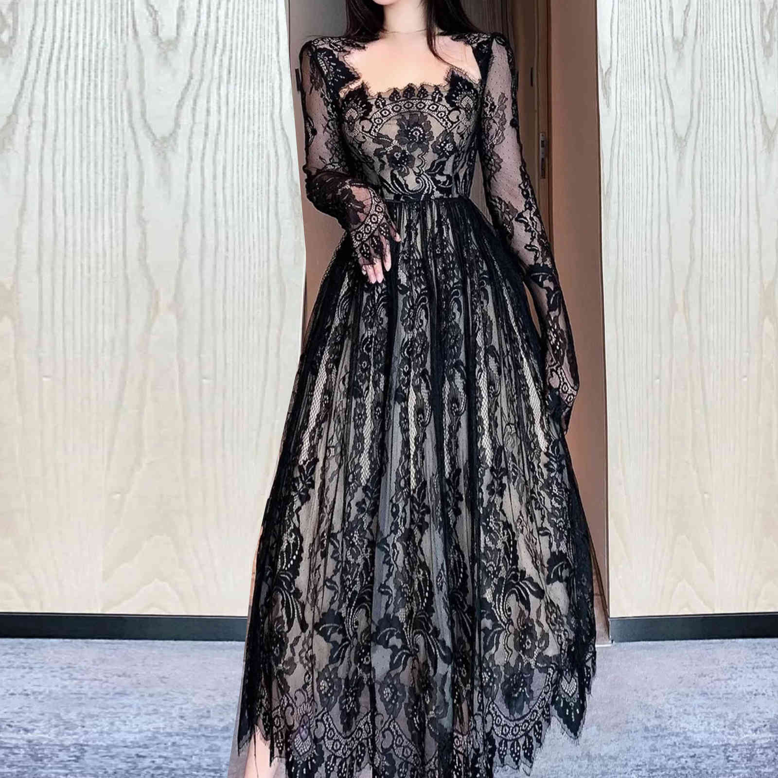 victorian sttylish black lace square collar gothic A-line midi dresses for women party casual high waist dress vestidos 210421