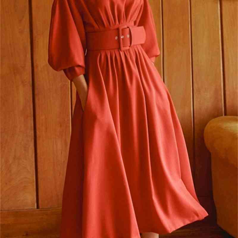 DEAT Spring and summer waist folded red show thin seven point Lantern Sleeve high waist dress pullover vestido tide WR30303L 210428