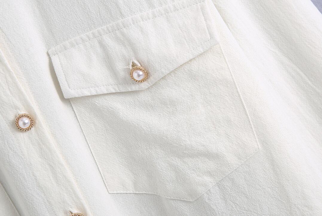 Spring Autumn Chic Lapel Pearl Buttons Women Shirt Double Pockets Loose Cotton Casual Blouse Tops Female Fashion 210429