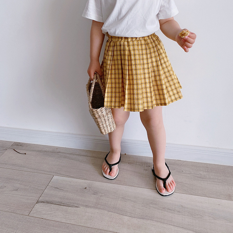 Summer cute girls fashion plaid pleated skirts kids cotton 2 colors skirt 210508