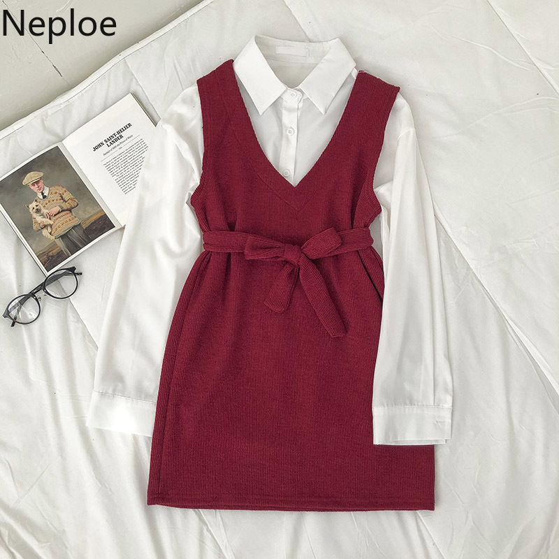 Neploe 2 Piece Set Women Fashion Suit Vintage Knitted Vest Dress Loose White Shirt Tops Femme Roupas Korean Two Piece Set 210422