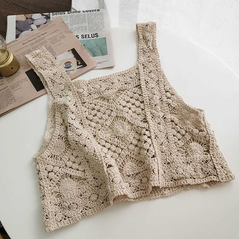 Summer Lace Hollow Out Crop Top Slim Korean Fashion Holiday Sexy Beach Tank W812 210625