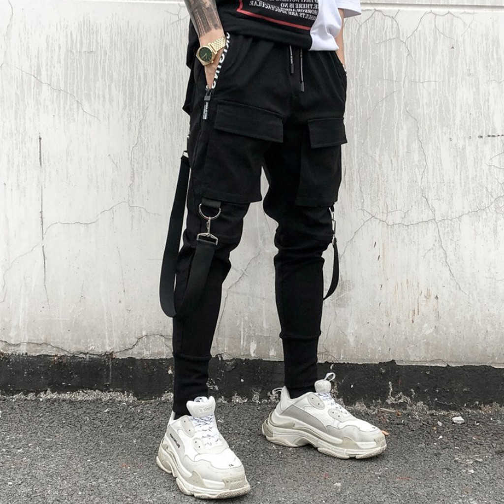 2021 Hiphop Streetwear Jogger Pant Men Black Multi-pocket Ribbons Pants Cotton Casual Street Style Sweatpants Men Y0927