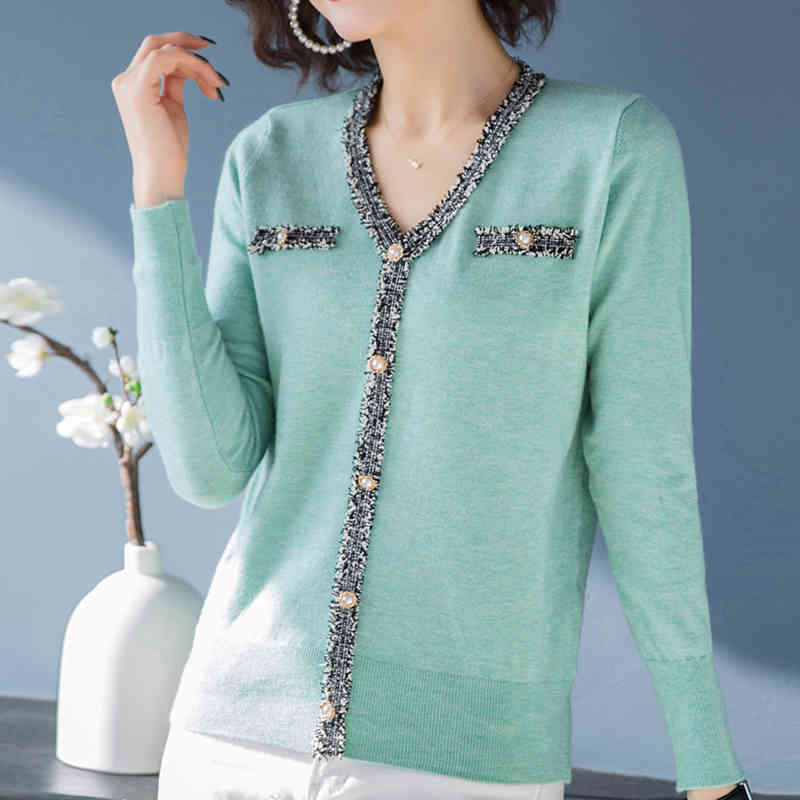 Beading Patchwork V-Neck Button Knitwear Tops For Women Slim Spring knitted Sweaters Base Shirt Elegant Long Sleeve Pullover 210522