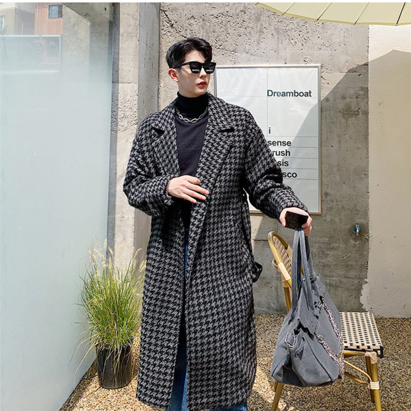 IEFB Men's Autumn Witner Woolen Coat Bright Silk Long Sleeve Black Plaid Mid Length Notched Collar Long Clothes With Belt 9Y4711 210524