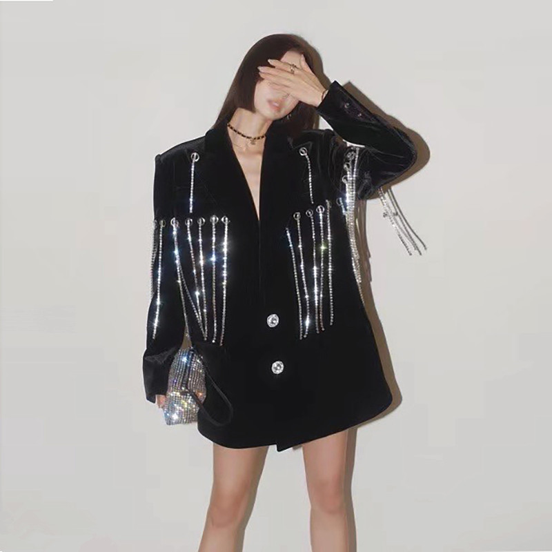 Autumn New womens rhinestone tassel long sleeve loose medium long black blazer suit coat SML