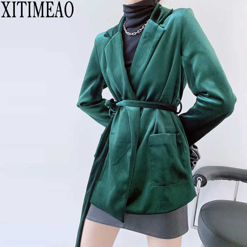 XITIMEAO Women Casual Blazer Jacket Office Lady Pockets Slim Velvet Suit Coat Ladies Business Blazers With Belt 210604, Dark green
XITIMEAO Women Casual Blazer Jacket Office Lady Pockets Slim Velvet Suit Coat Ladies Business Blazers With Belt 210604, Dark green