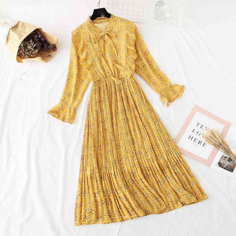 Floral Print Chiffon Dress Women Spring Vintage Ruffle Long Sleeve Dress Elastic Waist Elegant Party Long Dress Vestidos 210521