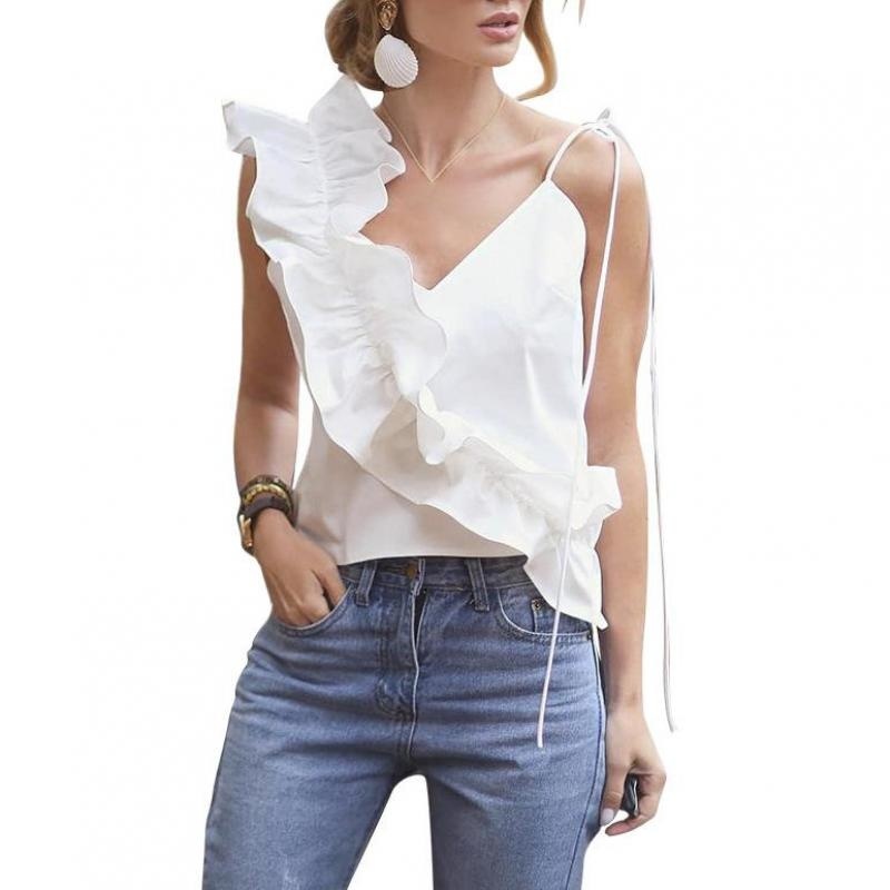 Women Blouse Sleeveless One Shoulder Shirts V Neck Lace Up Ladies Tops Irregular Ruffles Summer Fashion 210524