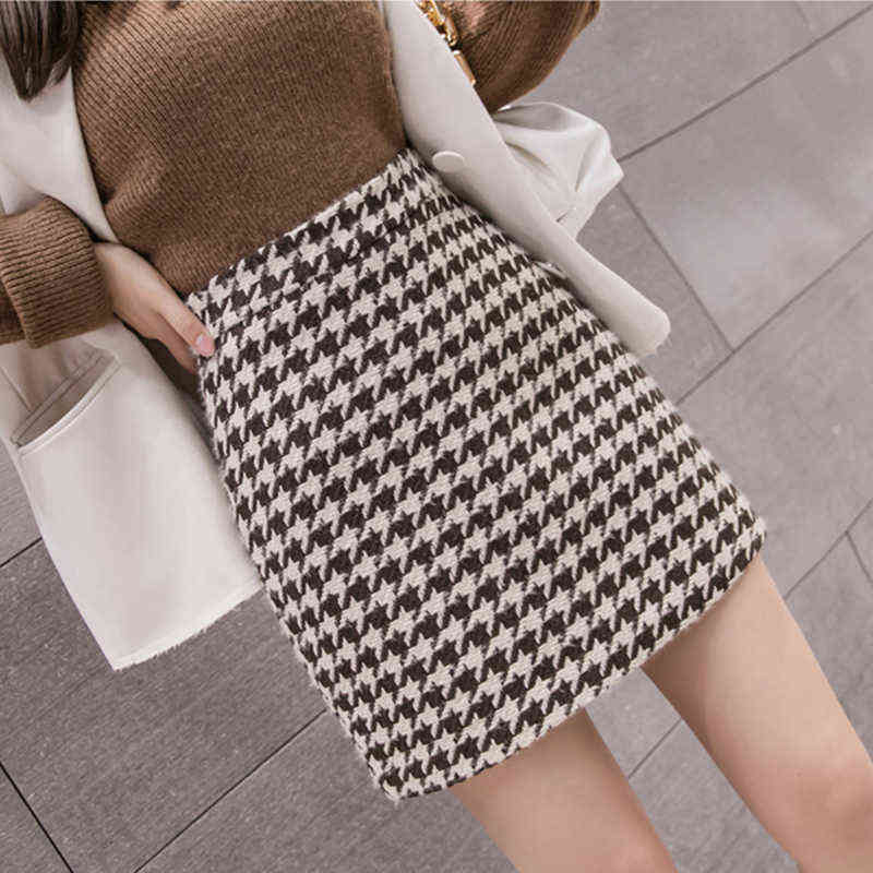 REALEFT Autumn Winter Stylish Houndstooth Skirt Women Woolen Skater Skirts High Waist A-Line Sexy Mini Skirts Female 211119